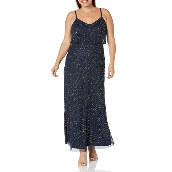 Adrianna Papell Robe Longue Blouson Perlée pour Femmes Grande Taille, Marine, 20W