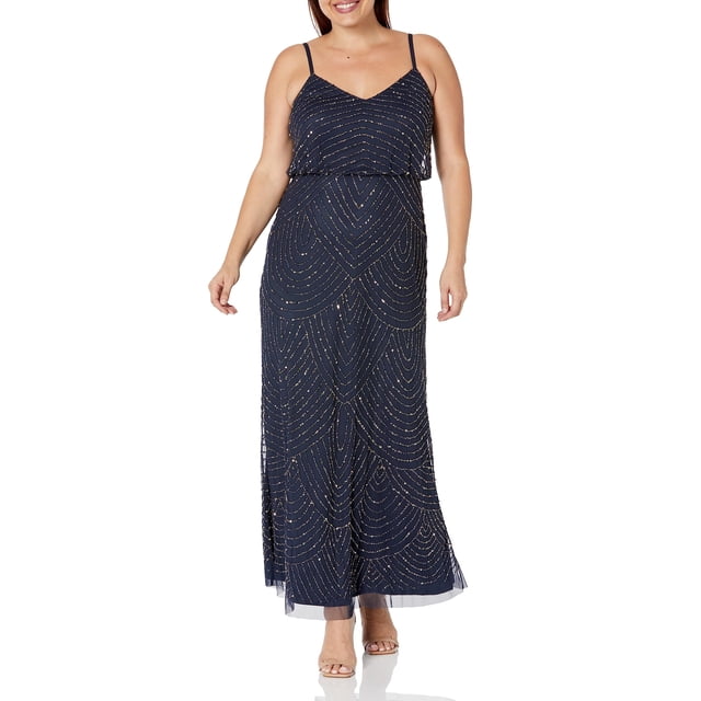Adrianna Papell Robe Longue Blouson Perlée pour Femmes Grande Taille, Marine, 20W