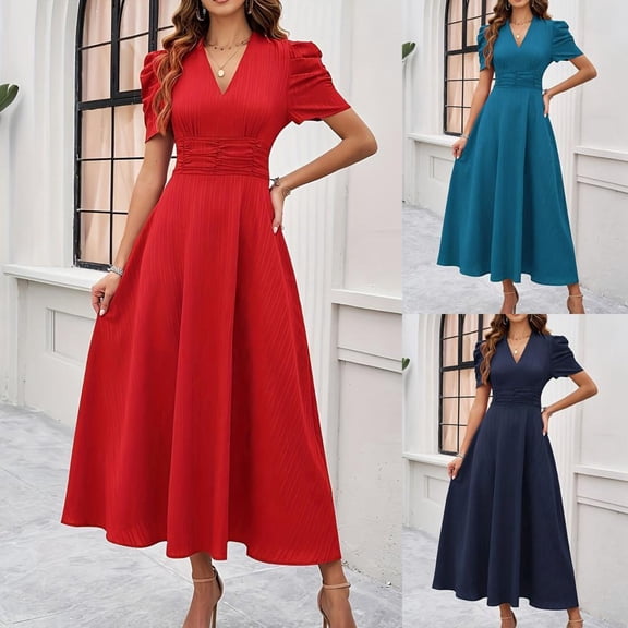 Bxsruta Womens Maxi Dress V Neck Short Puff Sleeve Pleated Flowy Casual Dresses for Women Vacation