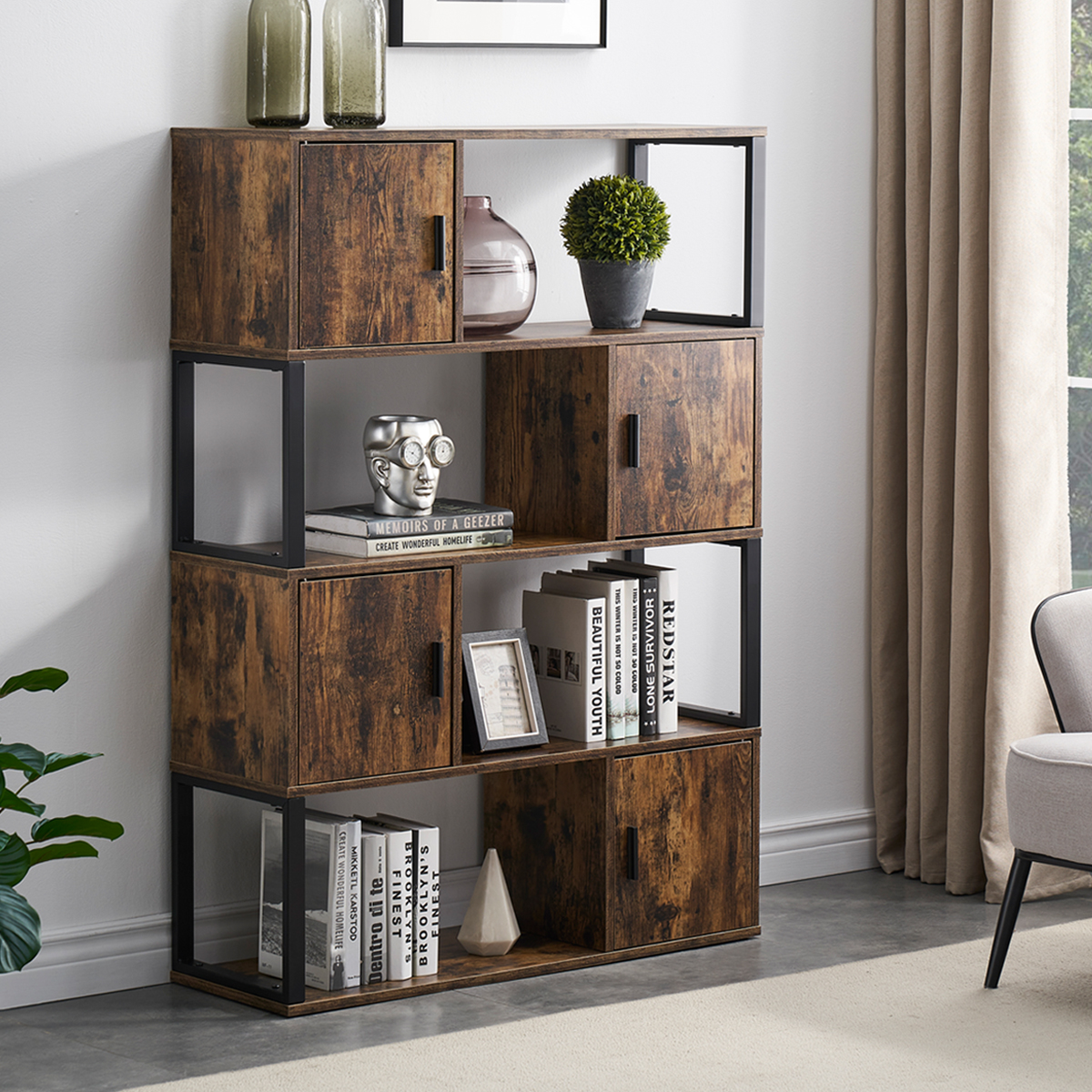 GRELO HOME 5 Tier Vintage Bookcase with Storage, Wooden Bookshelf