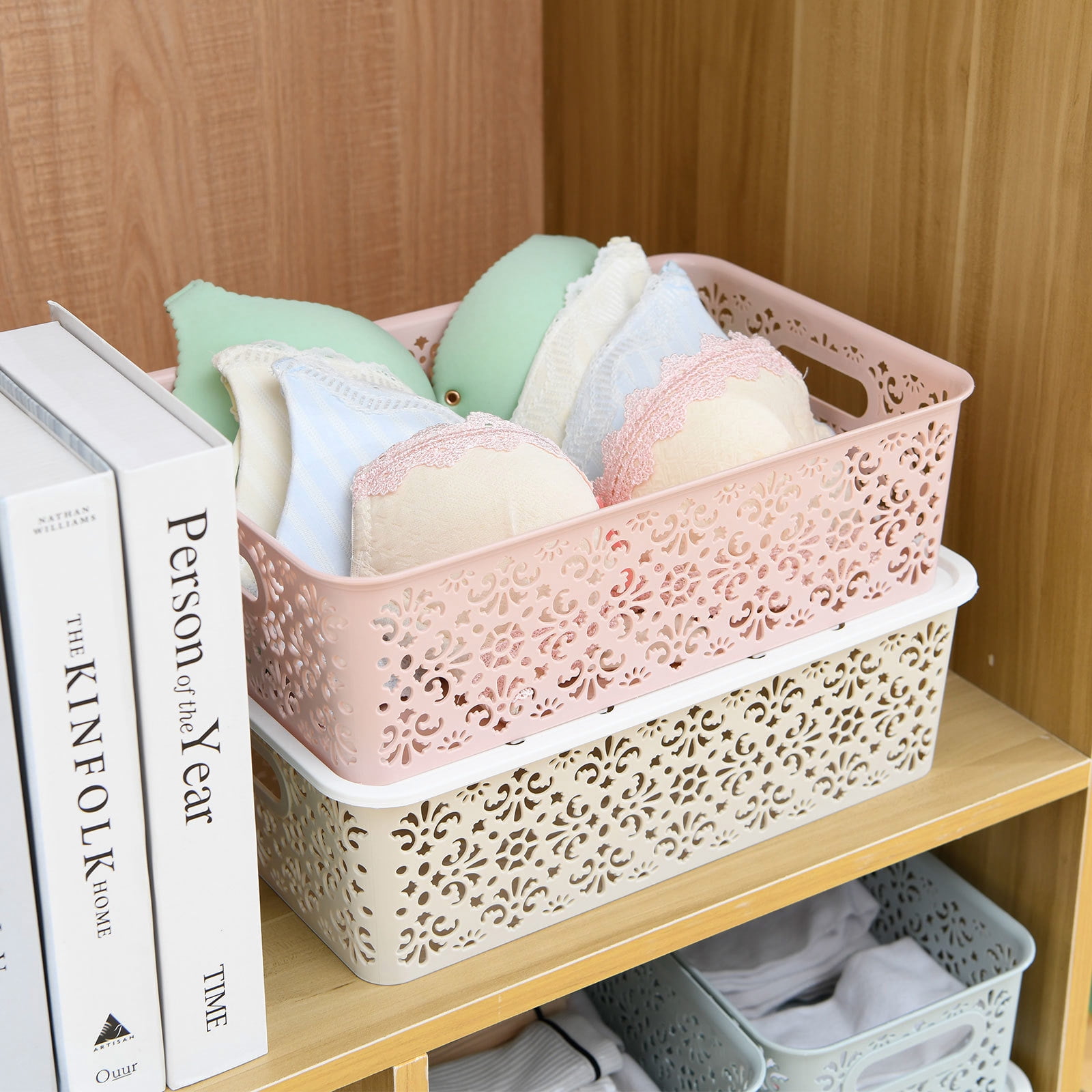 Set of 6 Stackable Lace-Design Storage Bins Plastic Home Organizer Container with Lids for Bathroom Closet Crafts, Pink
