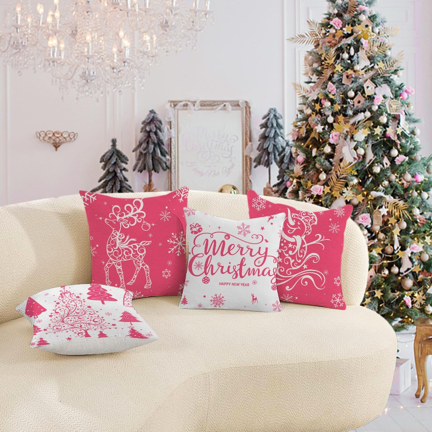 Pink Christmas Throw Pillow Covers 20x20 Set of 4 Christmas Decoration Trees Deer Snowman Merry Christmas Decorative Holiday Farmhouse Pillow Covers for Holiday Christmas Decoration