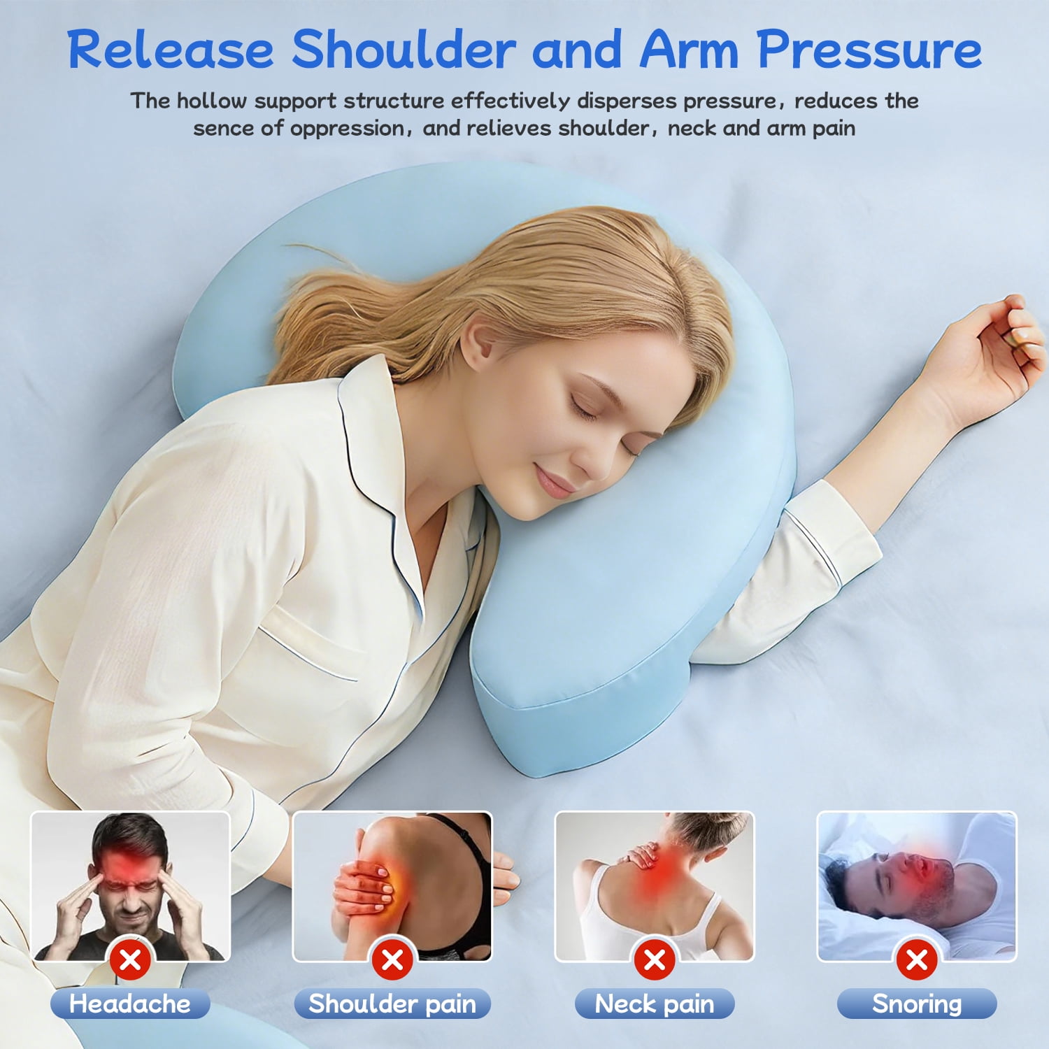 COOKCOK Side Sleeper Pillow for Adults, Ergonomic Memory Foam Pillow with Arm Hole for Neck and Shoulder Pain, Shoulder Pillow for Side Sleepers, Blue