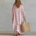 thumbnail image 3 of Morttic Women's V-Neck Three-Quarter Sleeve Maxi Dress – Bohemian Lazy Vacation Style for Spring/Summer Beach & Daily Wear Pink，S, 3 of 4