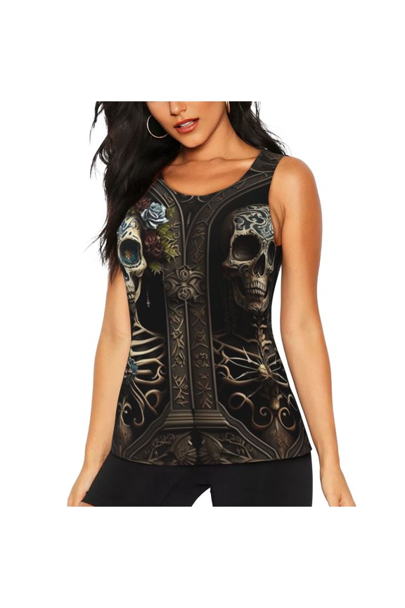 Women's Tank Top Gym Workout Undershirt U-Neck Sleeveless Shirt, Skulls Lover Day Of The Dead Gothic