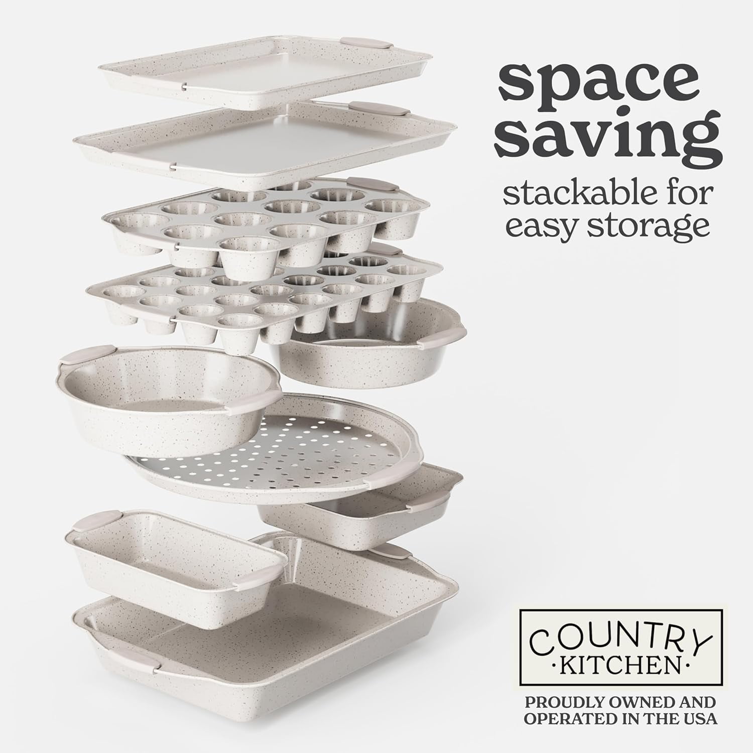 Country Kitchen 10-Piece Nonstick Bakeware Set - Stackable Pots and Pans, Cream
