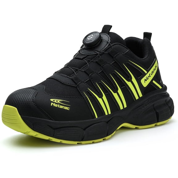 Netanac Steel Toe Shoes for Men Women, Lightweight Wide Work Shoes,Comfortable Breathable Safety Sneakers,Durable Soft Sole, Black&Green,Size9.5