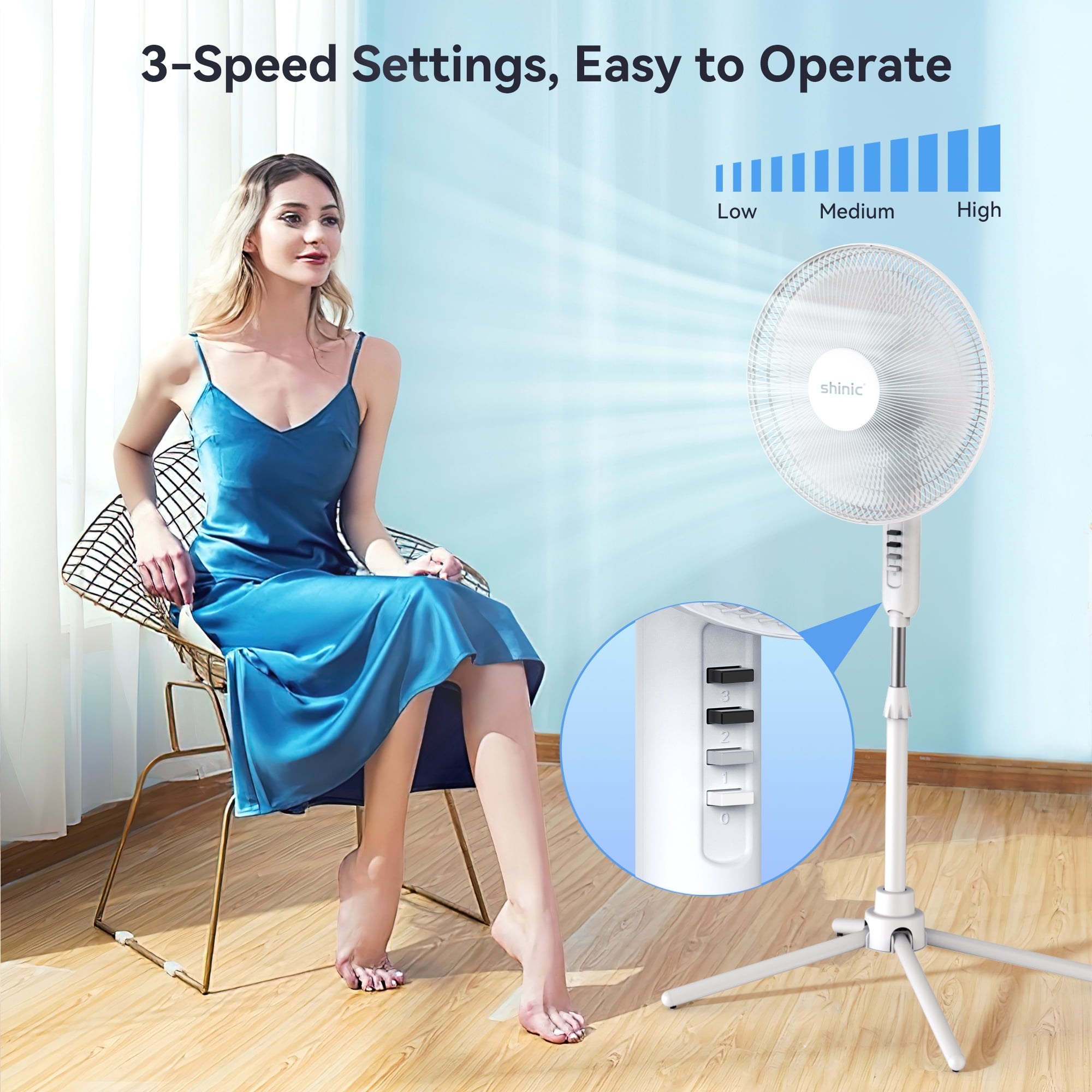 Shinic 16" 3-Speed Oscillating Pedestal Fan with Folding Base, Adjustable Height and Tilt,41"- 47", White