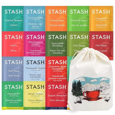 Stash Tea Bags Sampler Assortment Variety Pack Gift (40 Count) 18 Flavors with Handmade Cotton Pouch Great Gifts for Mom Dad Wife Husband