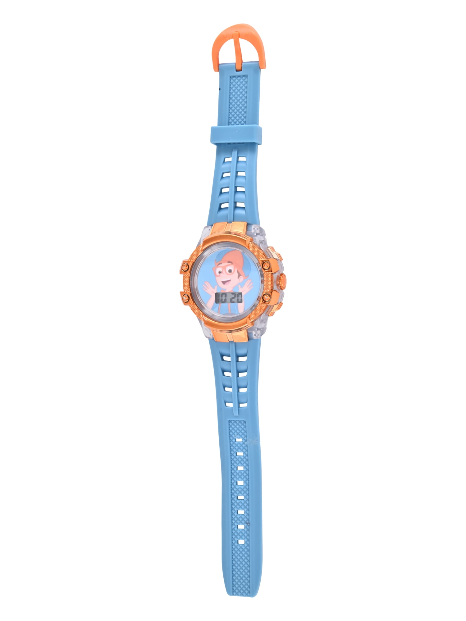 Blippi Boys Perforated Light Blue Silicone Strap Watch with Clear Case and Orange Metallic Bezel; BLP4006WM
