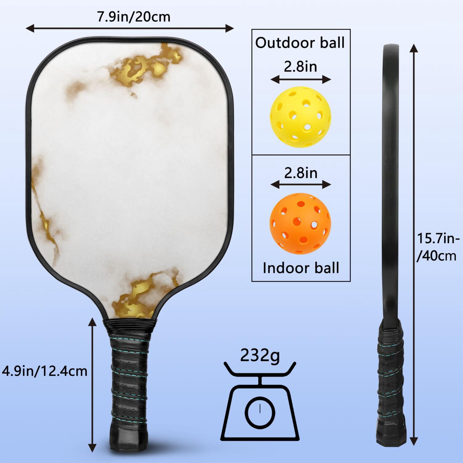 Pickleball Paddles Set Of 1, Fiberglass Surface, Turquoise Marble Pattern, 1 Paddle, 2 Balls & Bag