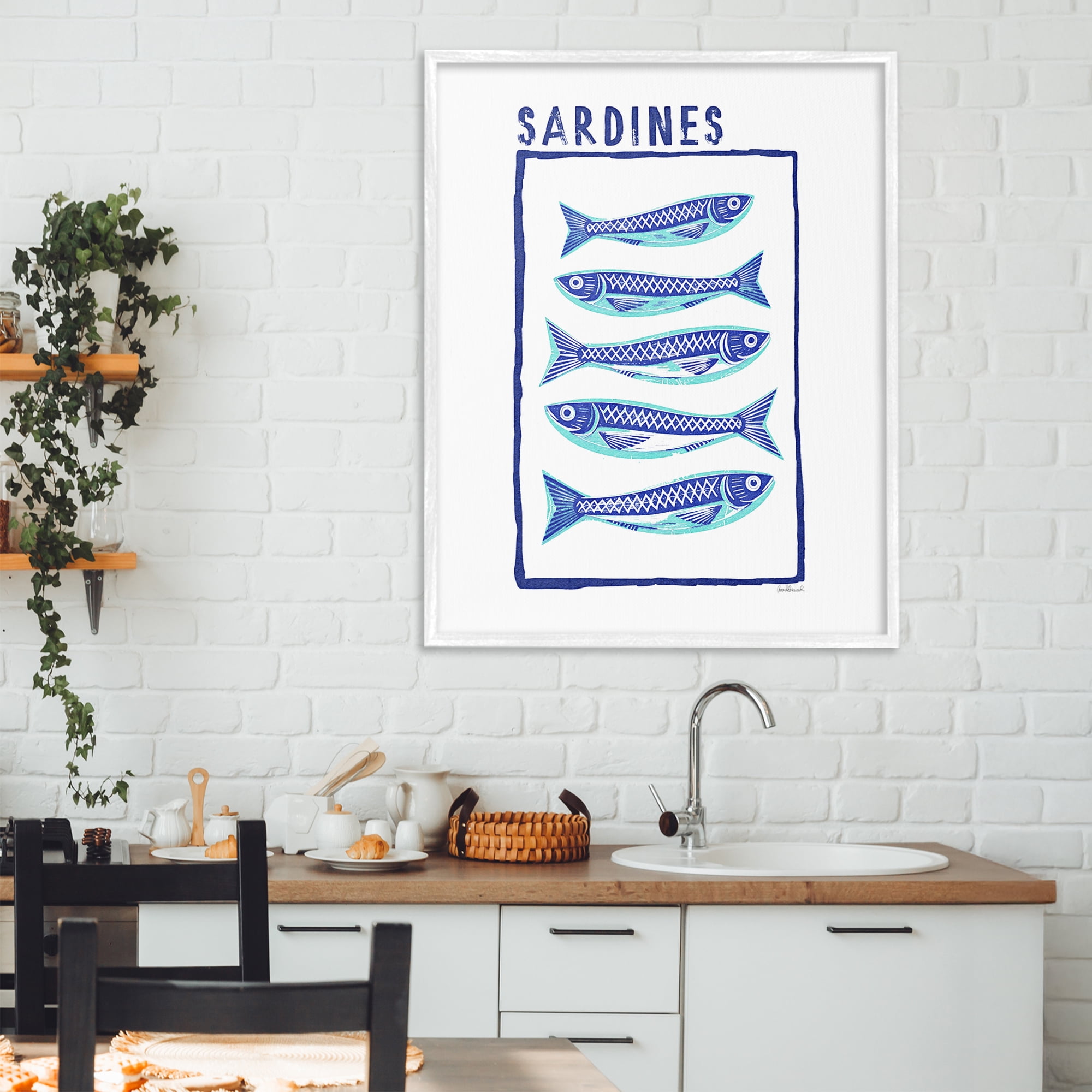 Stupell Industries Blocked Sardines Pattern White Framed Giclee Art, design by Amanda Greenwood