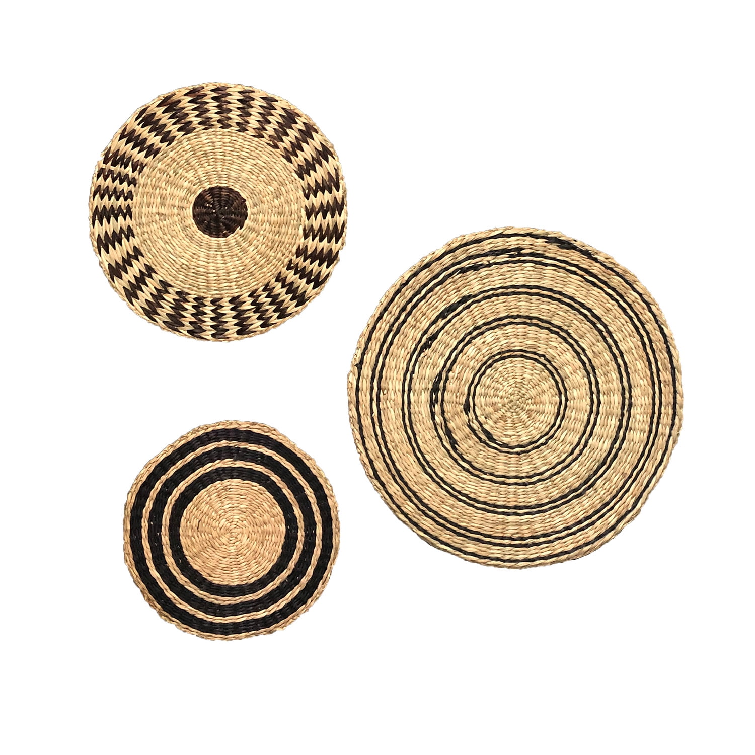 Handwoven Wicker Wall Decor, Set of 3, Natural Seagrass & Black, Boho