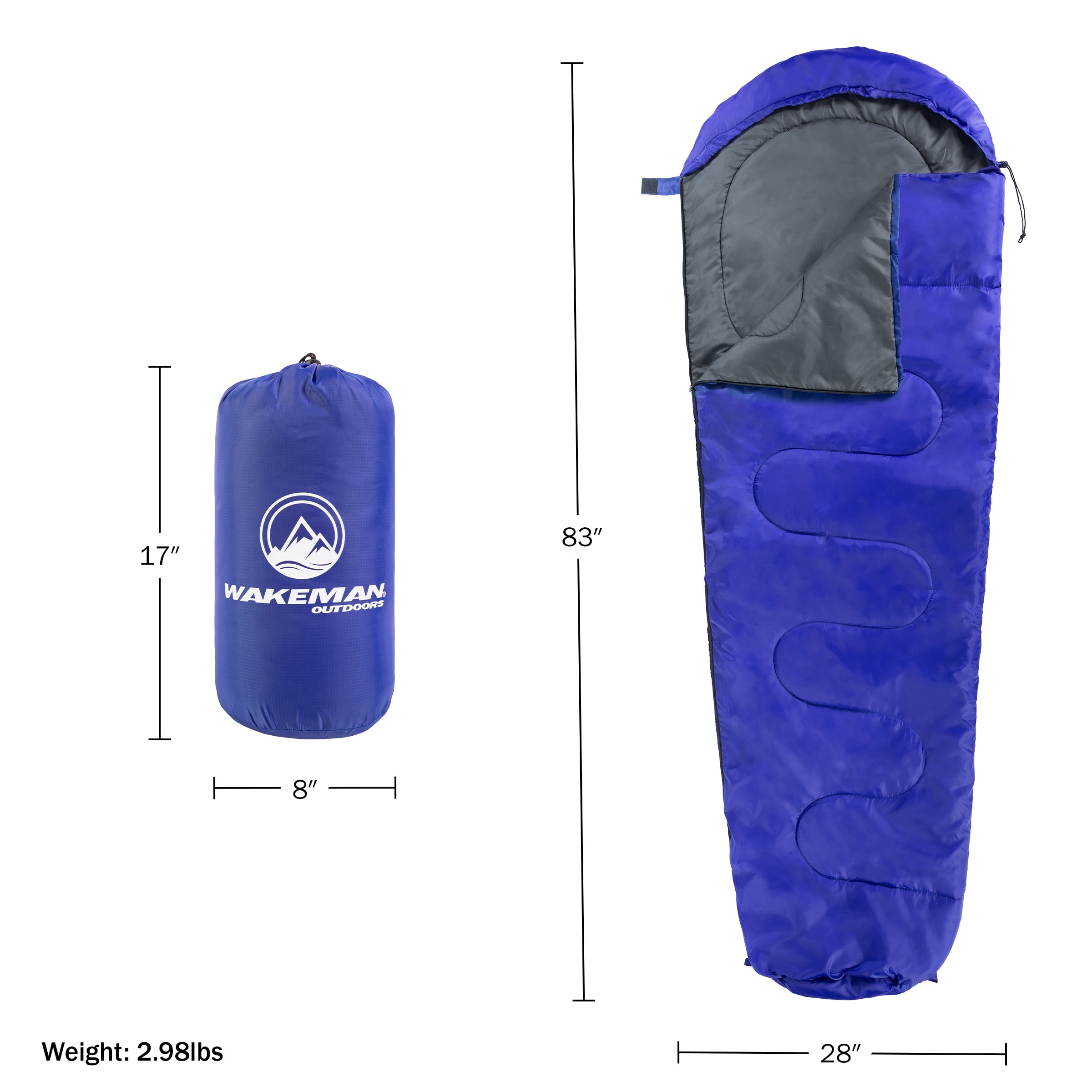 Wakeman Outdoors Cold Weather Lightweight Compact Mummy Sleeping Bag for Camping and Backpacking Rated to 25°F, Blue