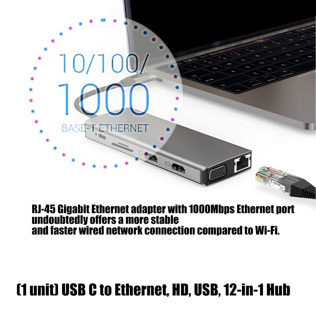 PatungKu Thin USB C Hubs Including Two Video Output Internet Connection USB Slots Storage Reader And Quick Power