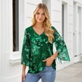 thumbnail image 7 of Womens 3/4 Sleeve Double Layers Mesh Blouses V Neck Ruffle Floral Printed Tunics Loose Fit Flowy Tunic Tops Black Casual Layering Shirts, 7 of 7