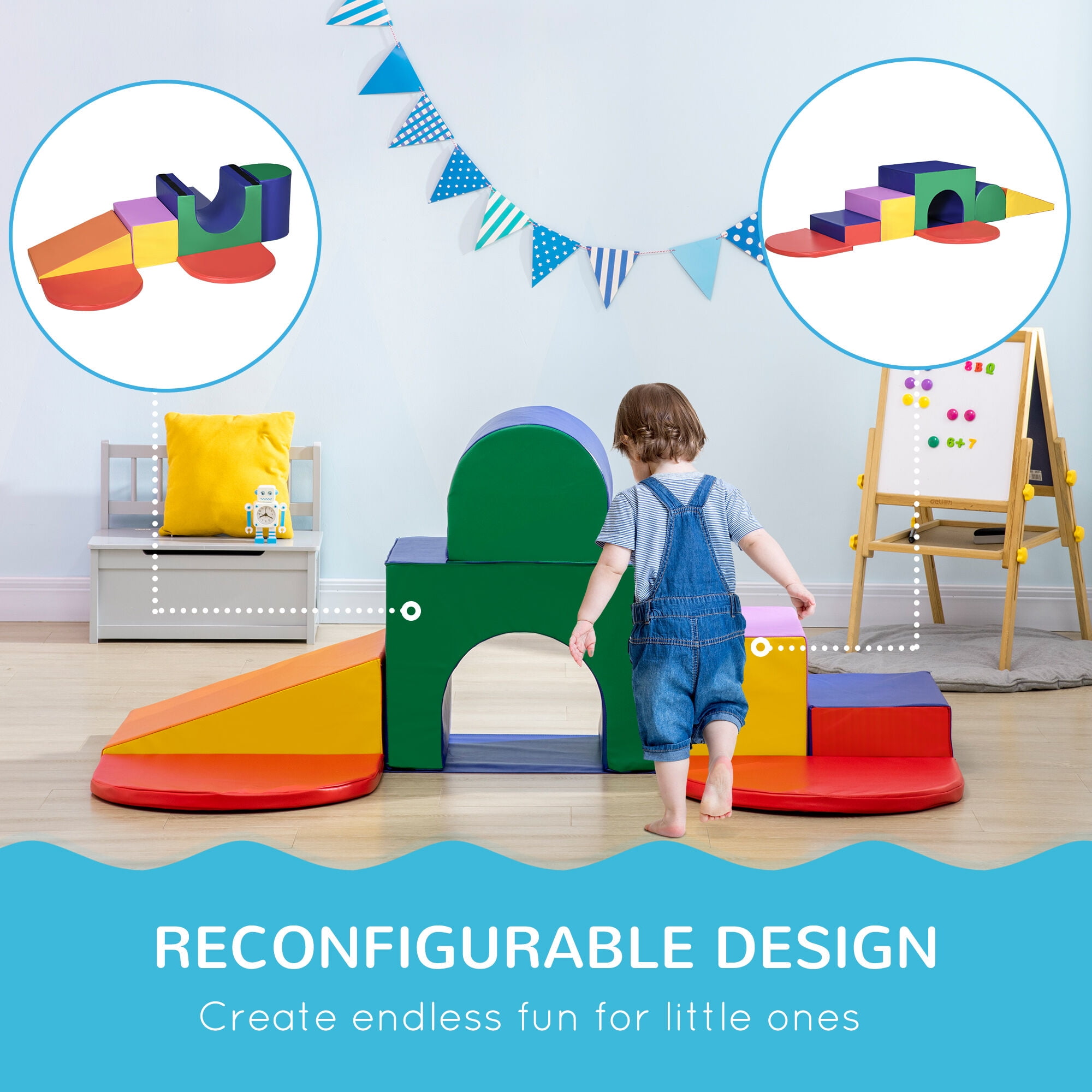 Soft Play Mat Qaba 7-Piece Baby Soft Play Equipment, Toddler Climber for Creativity and Shape Discovery, with Easy-to-Clean Surface, Climbing Toy for Toddlers, Multicolored,Baby Play Mat