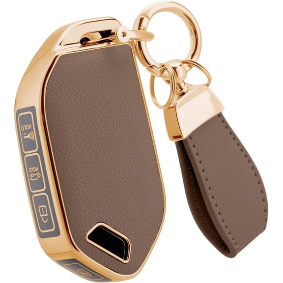 Key Fob Cover Compatible with Kia Telluride Carnival Sorento K4 K5 GT-Line 5 Button Leather TPU Metal Keychain Case Holder Protector,Gold-edged Brown,5 Buttons