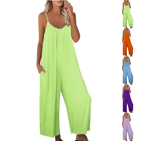 Sleeveless Jumpsuits Womens Loose Adjustable Spaghetti Strap Stretchy Long Pant Romper Jumpsuit with Pockets Green S