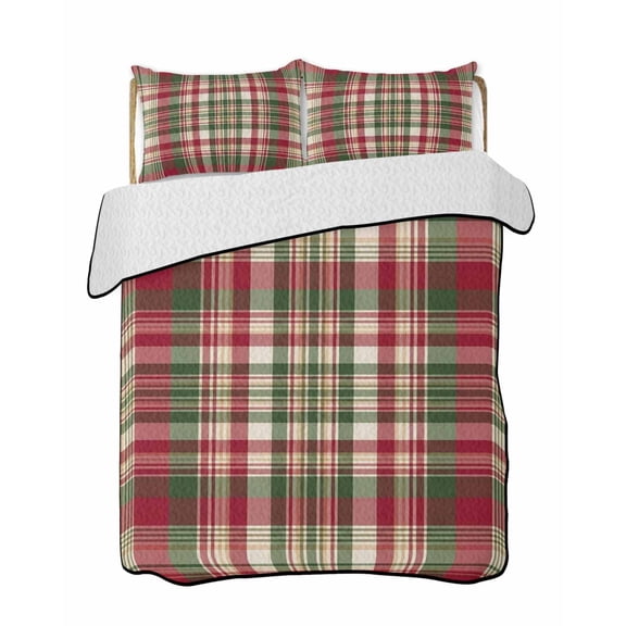 Quilts Twin-XL Size Bedding Set, Fall Buffalo Plaid Lightweight Quilted Comforter, Vintage Red Green Check Farmhouse Soft Reversible Bedspread Coverlet with Pillow Covers for All Season, 68" x 98"