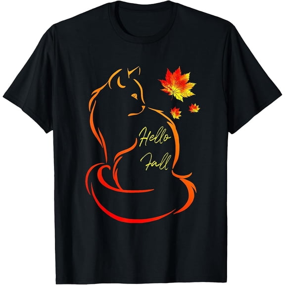 Hello Fall Cat Shirt Cat Autumn Leaves Kitten Lover T-Shirt - Classic Pumpkin spice graphic tee Unisex 100% Cotton Crew Neck T-Shirt Breathable Casual Everyday Wear Affordable Graphic Soft Cheap t sh