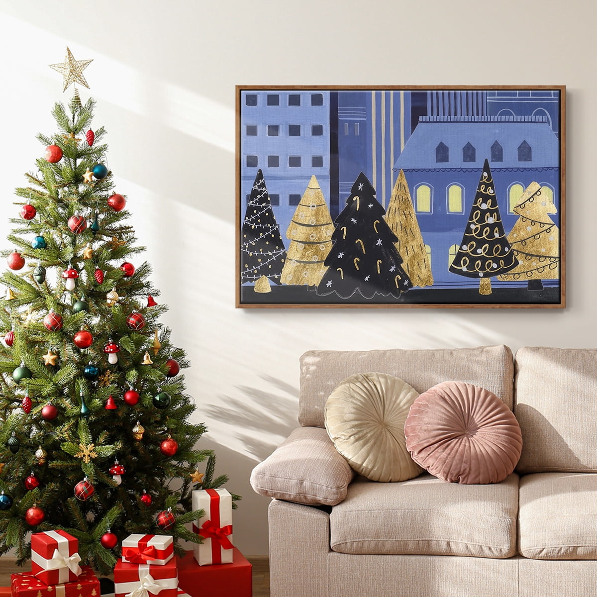 Holiday Night Collection A - Framed Gallery Wrapped Holiday Canvas - 25 x 37 - Rosewood Frame