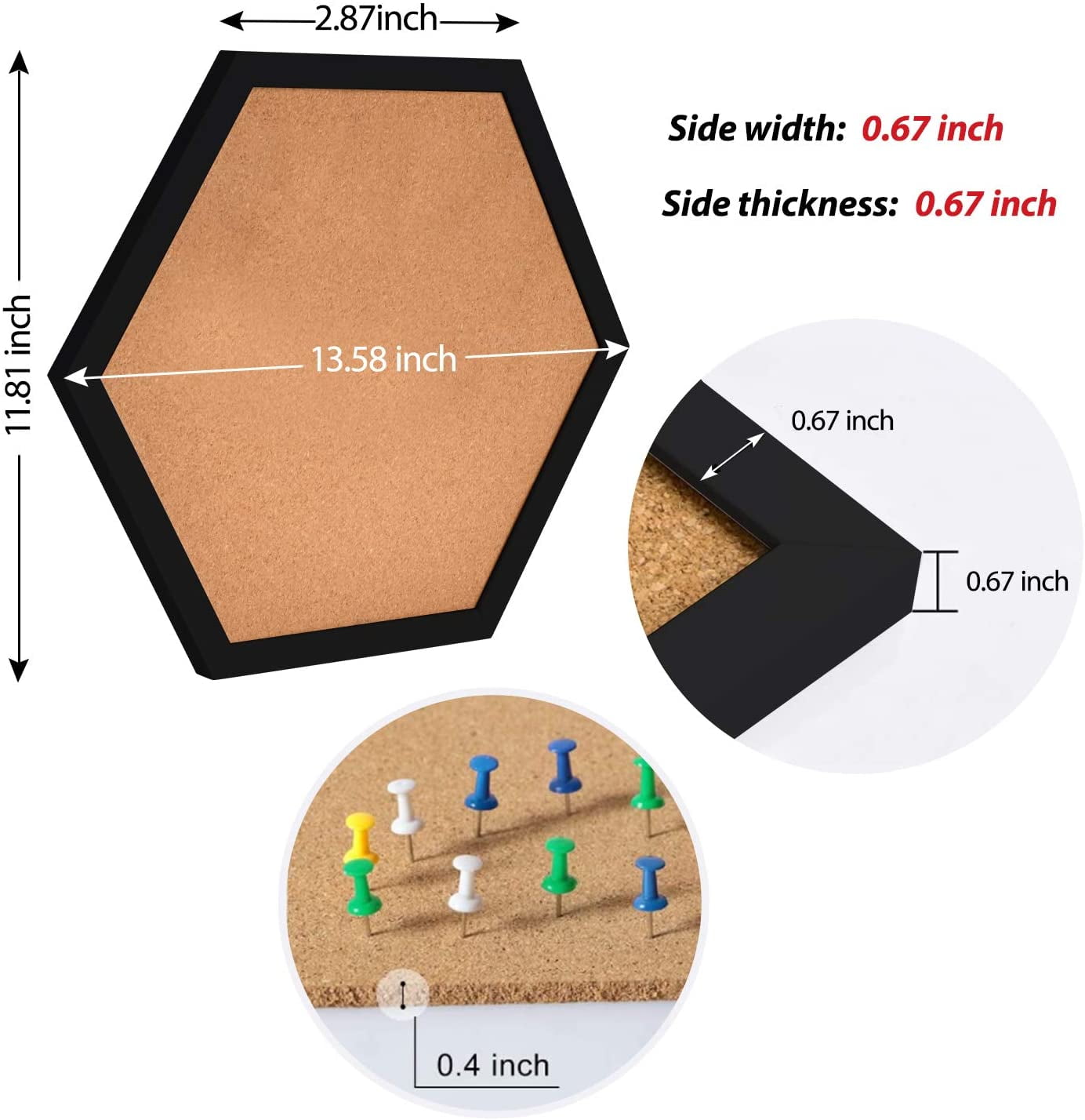 Cork Bulletin Board Hexagon 4 Pack, Small Framed Cork board for Wall, Thick Decorative Display Boards for Home Office Decor, School Message Board with 16 Push Pin Wood Clips