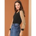 thumbnail image 4 of Blusa Allegra K Estampado De Leopardo Labor De Retazos Manga Larga Top Cuello V Amarillo Negro M, 4 of 6
