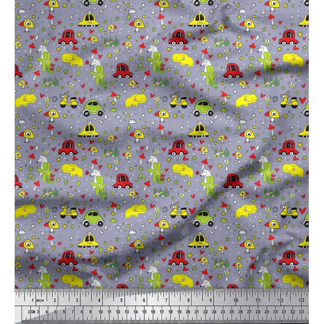 Soimoi Rayon Crepe Fabric Heart,Vehicles & Animals Cartoon Print Sewing Fabric Yard 46 Inch Wide