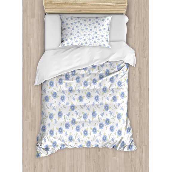 Floral Duvet Cover Set, Flourishing Summer Rose Flowers in Blue Colors Leaves Dots, Decorative 2 Piece Bedding Set with 1 Pillow Shams, Twin Size, Pale Yellow Blue Violet, by Ambesonne