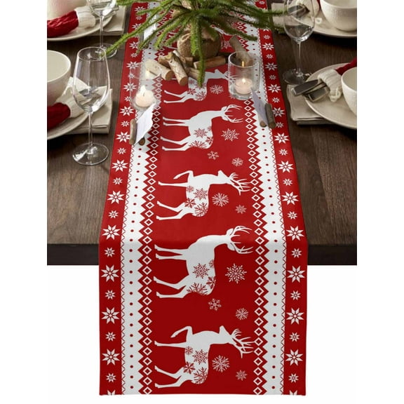 Christmas Table Runner Reindeer Deer Elk Table Runners Winter Snowflake Red Cotton Linen Dresser Scarf Kitchen Dining Table Decor for Christmas Holiday Party Decor 13x90 Inch