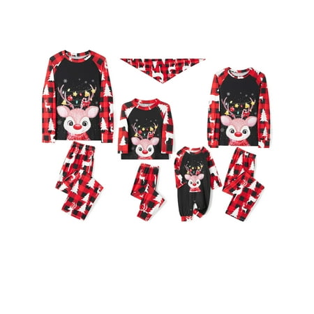 

wybzd Matching Family Christmas Pajamas Set Casual Long Sleeve Deer Print Tops Plaid Pants Sleepwear Outfits