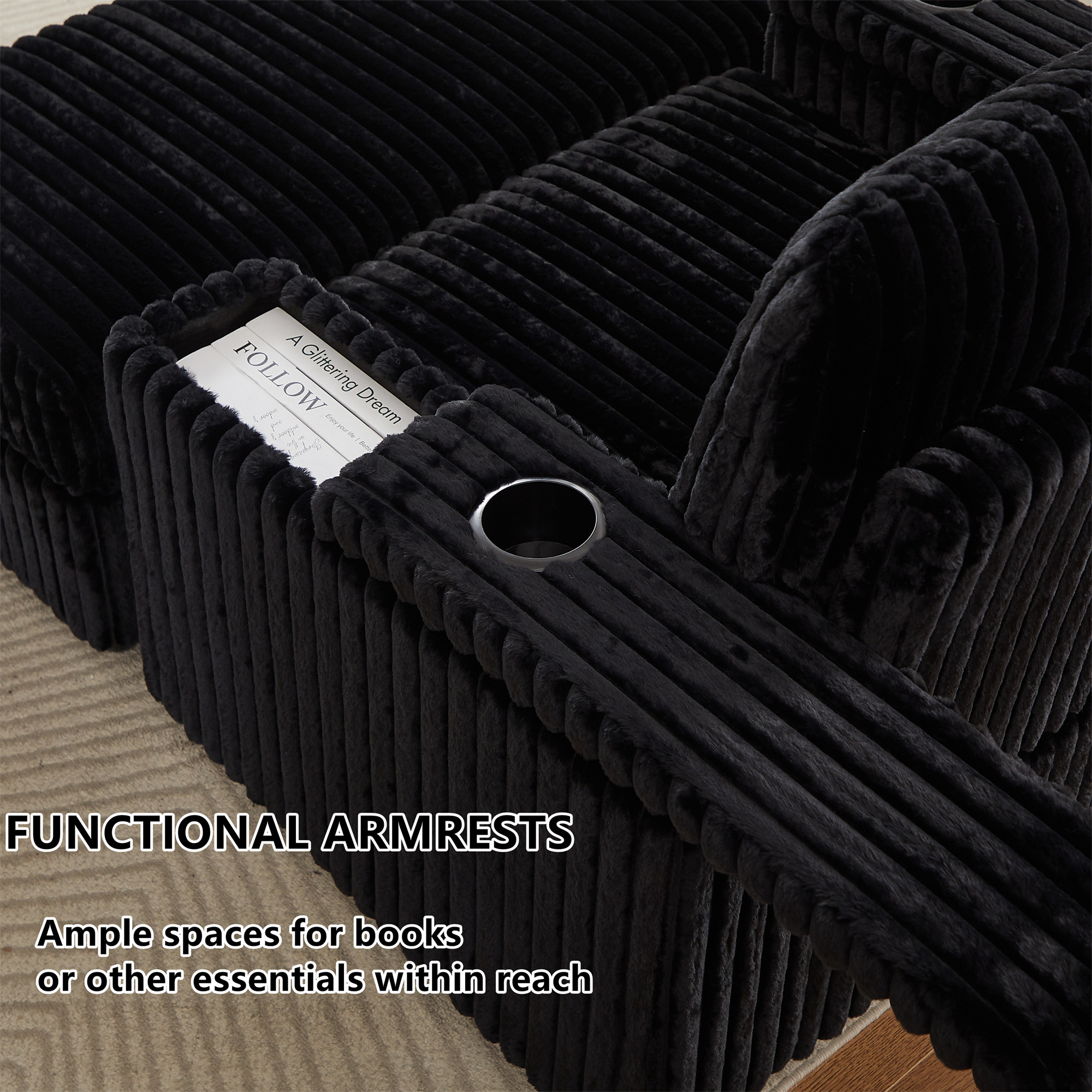Aukfa 43" Corduroy Chaise Lounge w/ 2 Cupholders, Storage Bench & Arm, Plush Chair Bed, Black