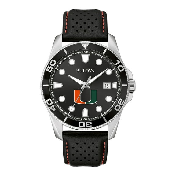 Men's Bulova Black Miami Hurricanes Sport Leather Strap Watch