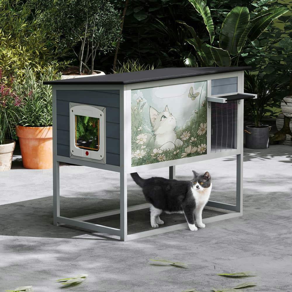 Yardi Yarda Weatherproof Outdoor Cat House with Highly Elevated Bottom, Elevated Feral Cat Shelter with High Legs and Curtained Door, Escape Door, Openable Top, Gray