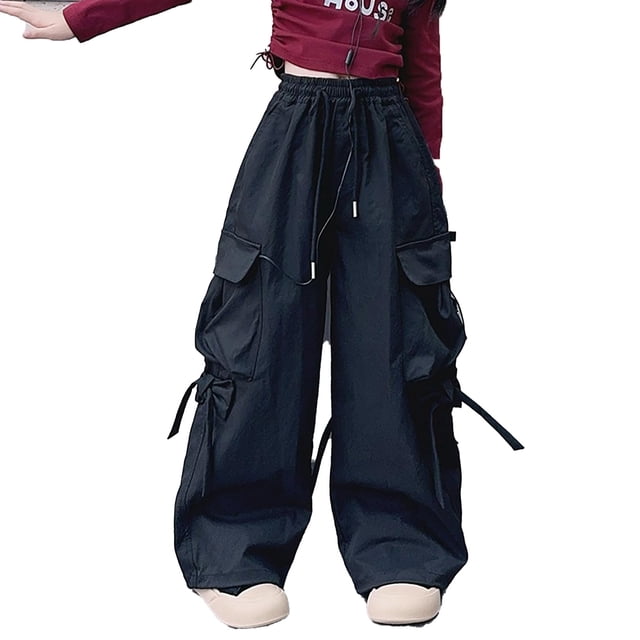 MIASHUI Girls Cargo Pants Drawstring Elastic Waist Sweatpants with Pockets,Black,12-13 Years