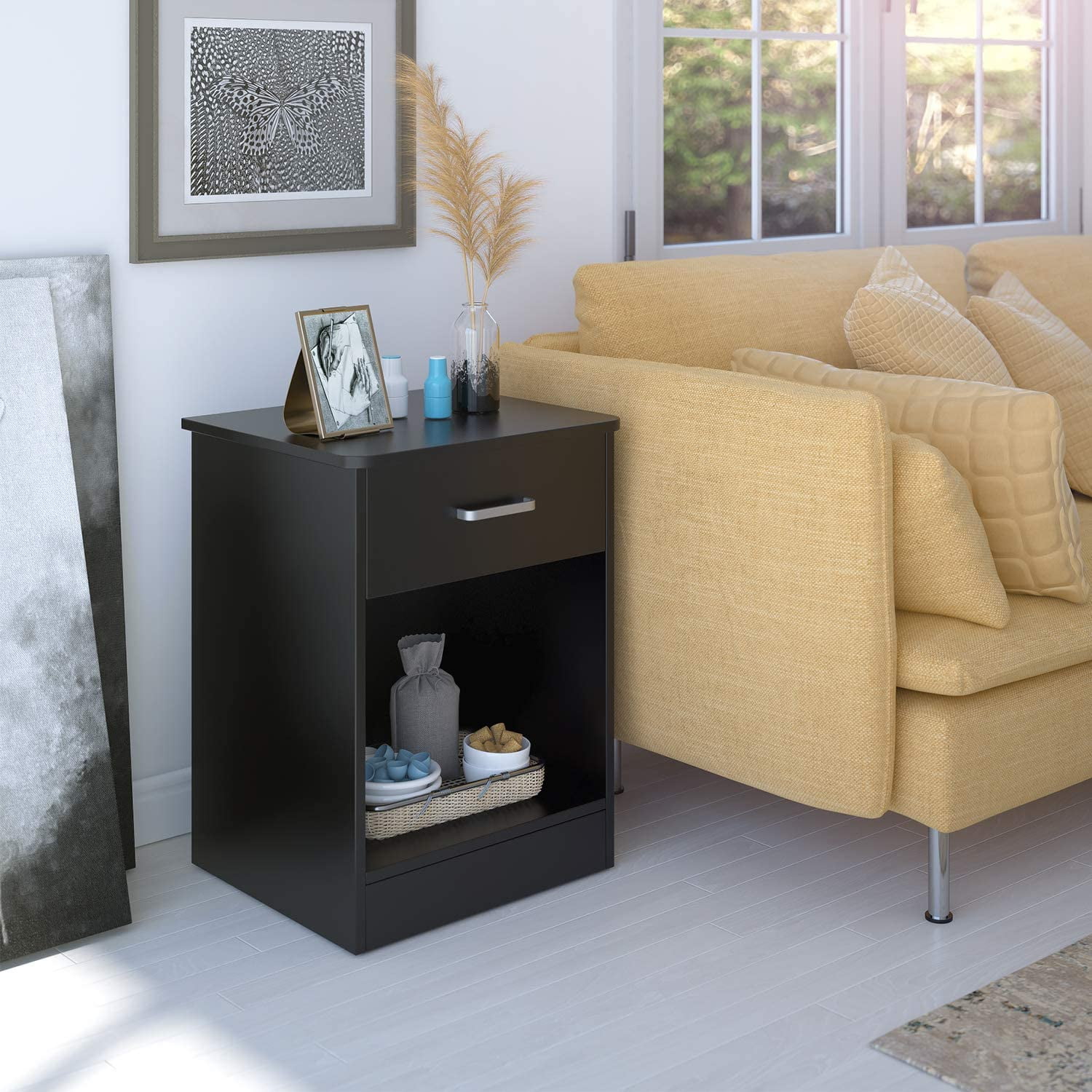 Homfa 2-Tier Nightstand with Drawer & Storage Shelf, Side End Table for Bedroom Living Room Set of 2, Black