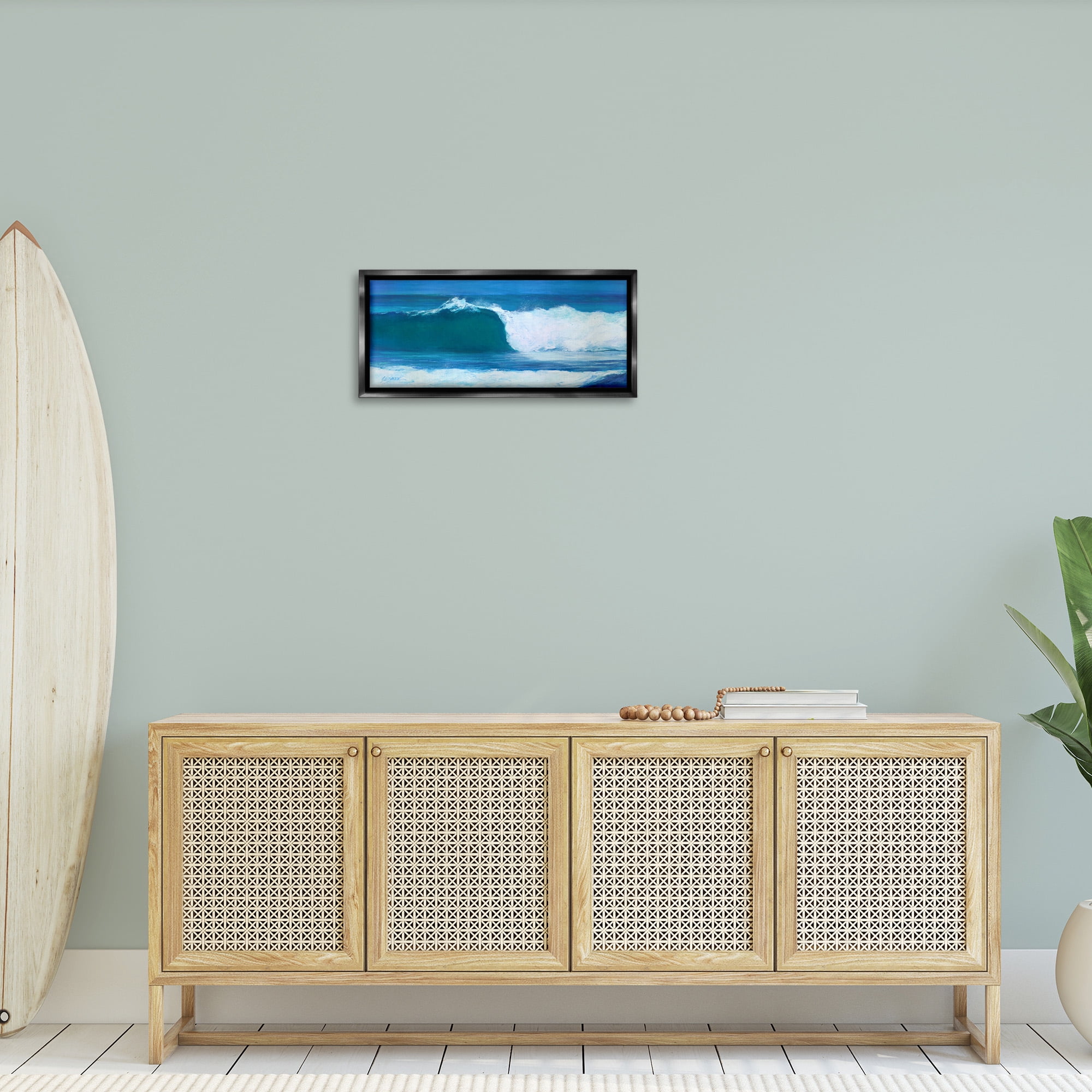 Stupell Industries Crested Beach Wave Nature Painting Black Floater Framed Canvas Art Print Wall Art, 25 x 11