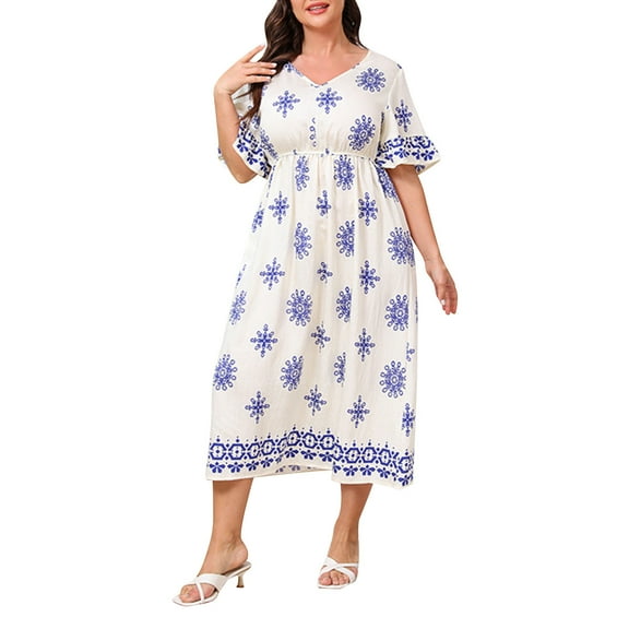 Plus Size Summer Dresses for Women Loose Plus Flared Sleeve Dress Beach Vacation Fresh Printed Mid Length Skirt Blue (Size:XL-4XL)