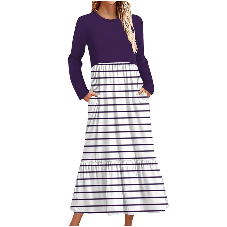 SMihono Women's Striped Long Sleeve Maxi Dress Loose Fit Pocket Midi Dress  Summer Beach Dress Long Dresses for Women Purple 12 - Walmart.com