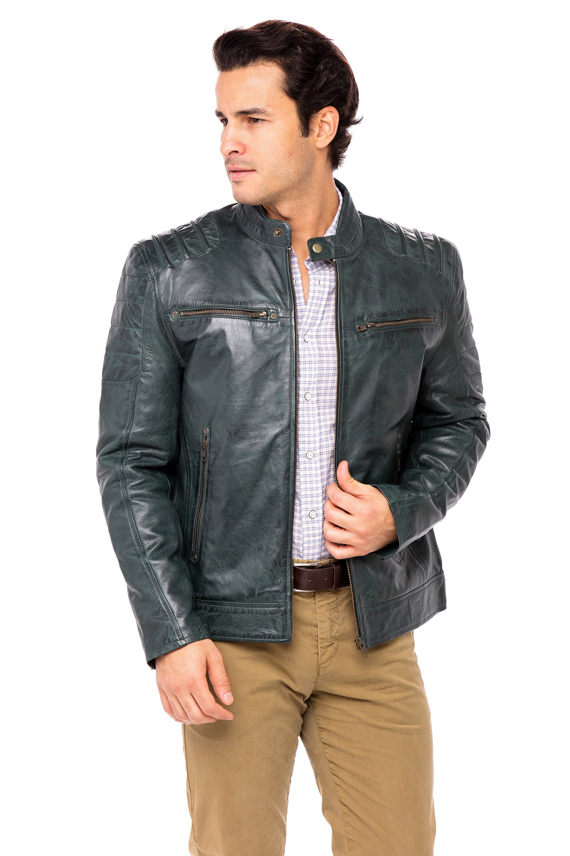 Skylinewears Mens Motorbike Leather Jacket 100% Genuine Sheepskin on Sale Green-Char Size XL