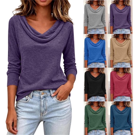 XRoczxe Womens Long Sleeve Cowl Neck Tops Casual Loose Fit Draped Tunic Tee Shirt Blouse