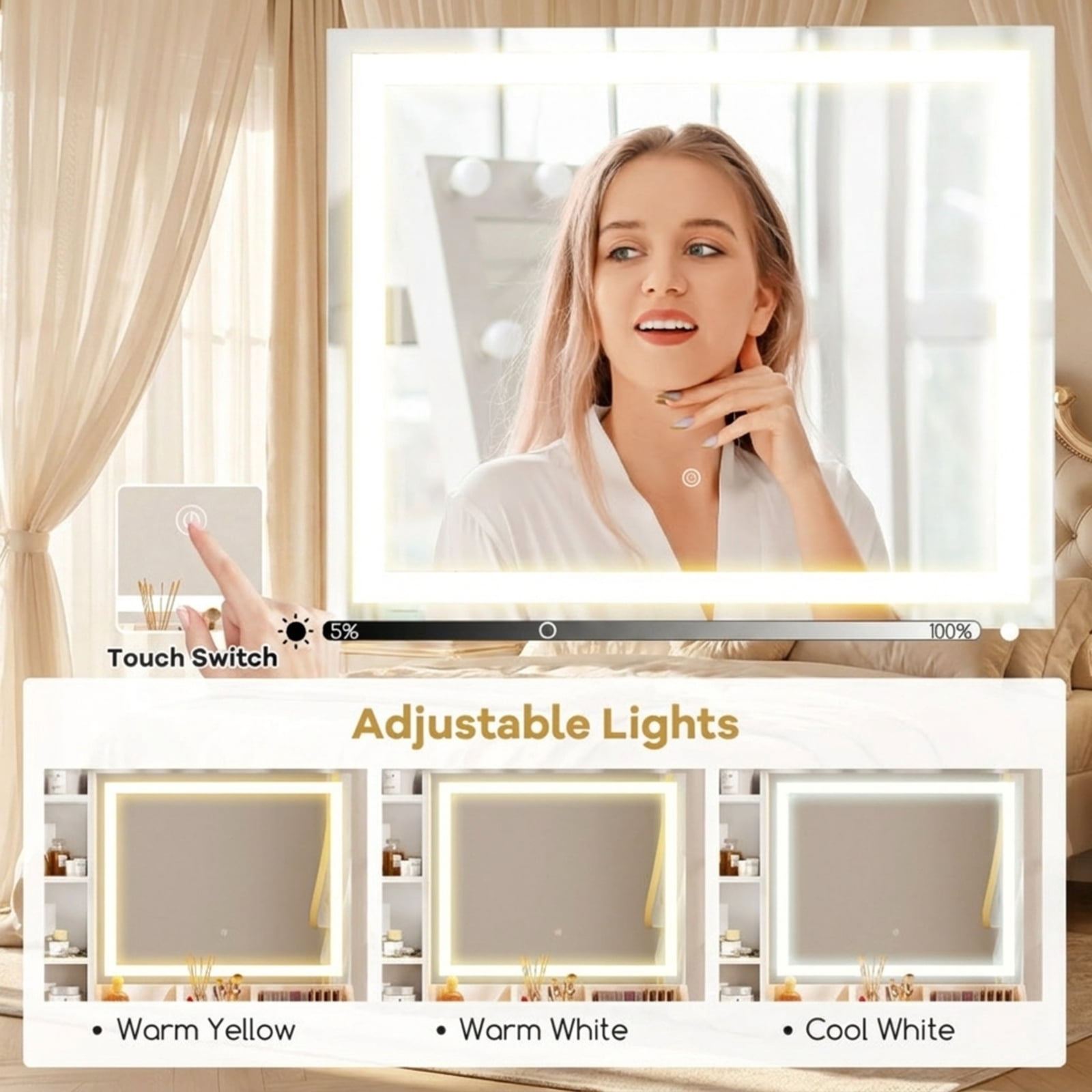 Furnibear Vanity Desk with Mirror and 3-Color Adjustable Lights and Chair Set with Power Outlet USB Ports for Bedroom Makeup Room, White