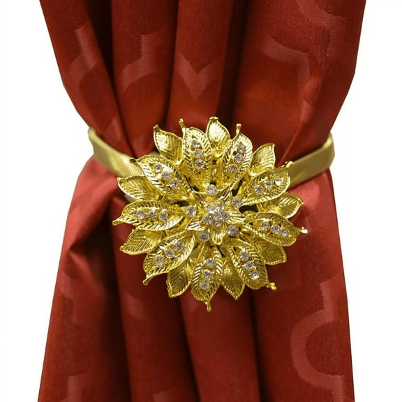 Yule Single Window Curtain Holdback Tieback, Decorative Magnetic Clip Drapery Tie Back, Elegant Bling Diamond Floral Design - Gold