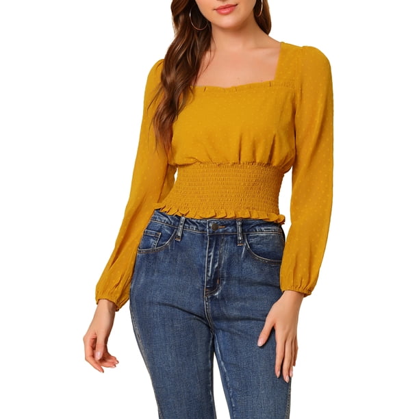 Blusa semi-translúcida con cuello de volantes de puntos suizos INSPIRE CHIC para mujer, color amarillo, talla S