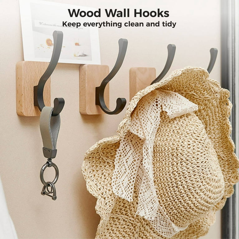 4 Pack Wood Wall Hooks, Wall Mounted Coat Hooks Rustic Coat Hat Hangers,  Drilling-Free Towel Wall Hooks for Hanging Coats Towel Hat, Keys Purse Bag  and Robe 
