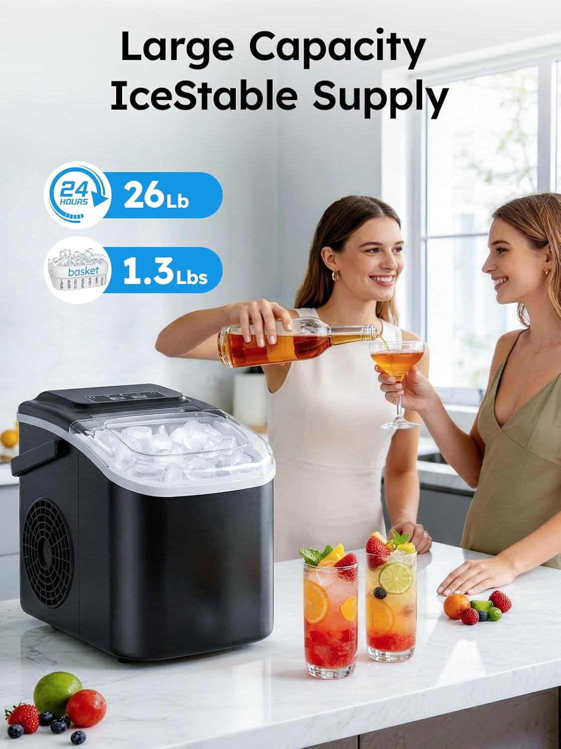 Portable Ice Maker Countertop, 26lbs/24H with Self-Cleaning, Makes 8 Cubes in 6 Mins for Home, Travel, Bar, and Camping