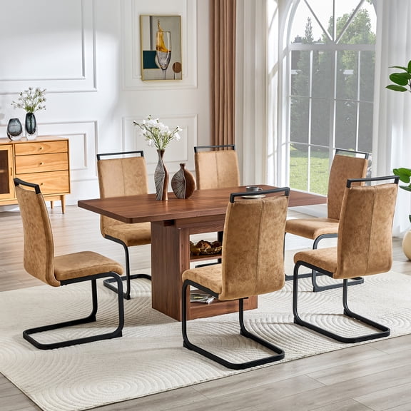 LifeSky Expandable Dining Table & Chair Set for 4-8 People: 59-71 Inch Pull-Out MDF Table - 6 Brown Fabric Chairs with Under Table Storage for Kitchen & Dining Room