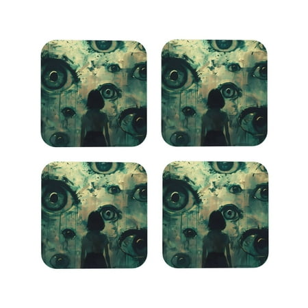

Coasters Set of 4 - Eyes Watching In The Dark Drink Coasters for Tabletop Protection Leather Coasters for Living Room Decor and Housewarming Gift Square