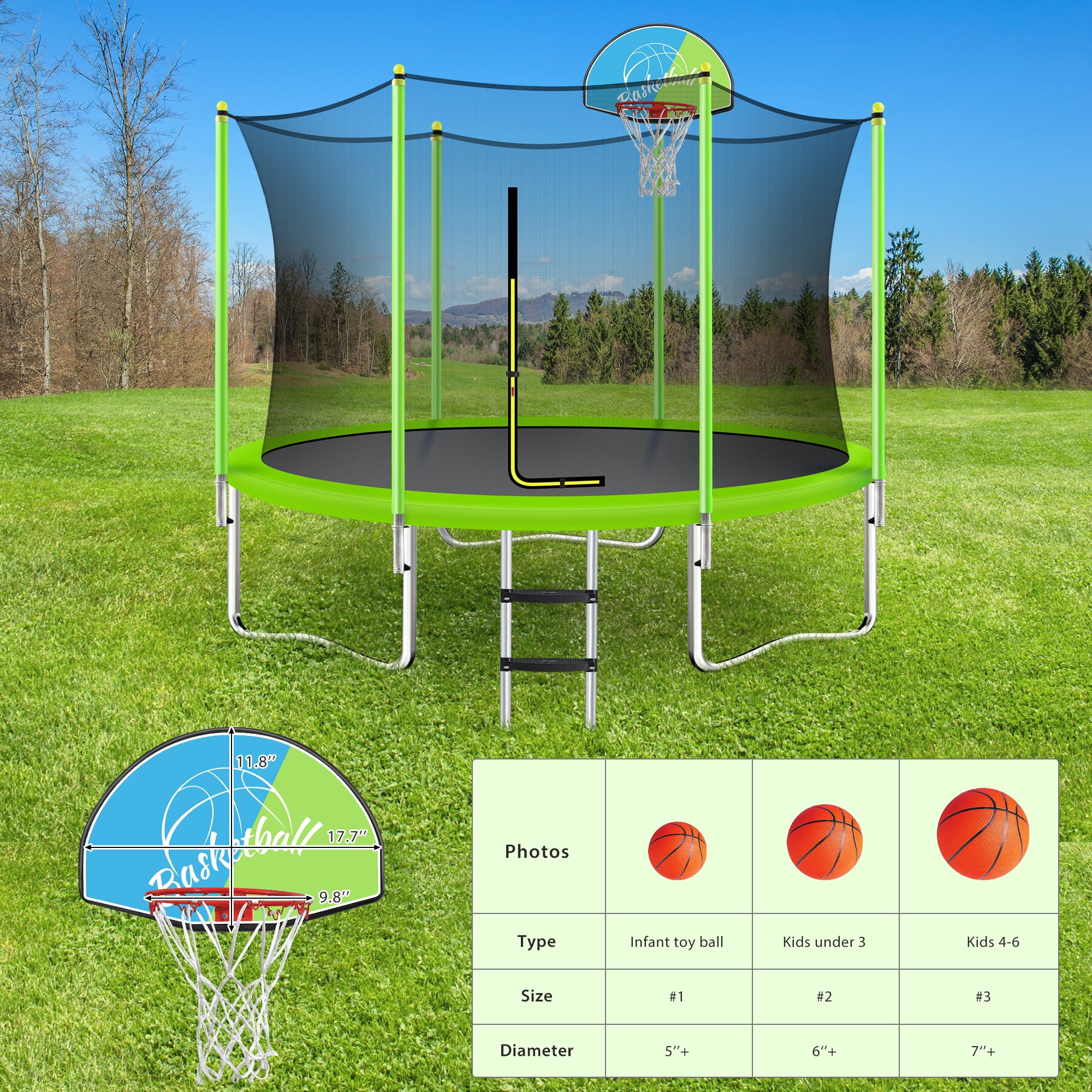 10FT Kids Trampoline Outdoor, SHINPT Large Trampoline with Enclosure Net, Recreational Trampoline for Families, Outdoor Trampoline with Basketball Hoop, Big trampoline for Backyard, Lawn, Patio